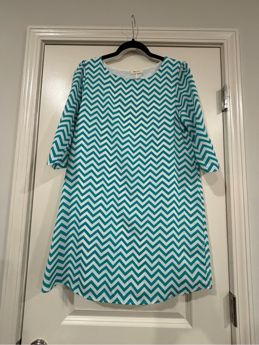 Everly Teal and White Chevron Midi Shift Dress